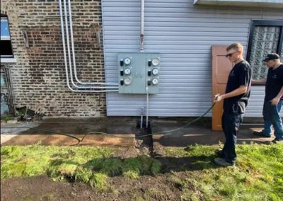 Two men inspecting electrical panels beside a brick and siding building, with cables leading into the ground.